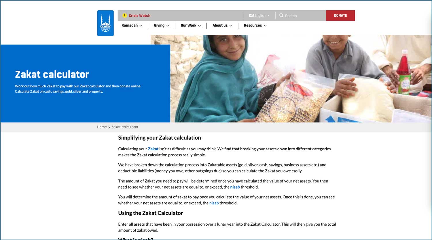 Default Effect — a screenshot of the Zakat calculator on the Islamic Relief UK website.