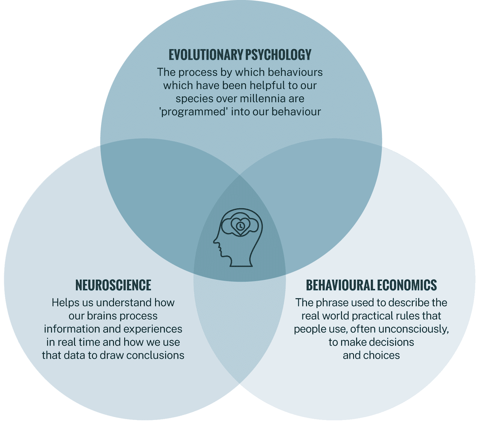 Three principles Venn diagram: Evolutionary Psychology, Neuroscience and Behavioural Economics